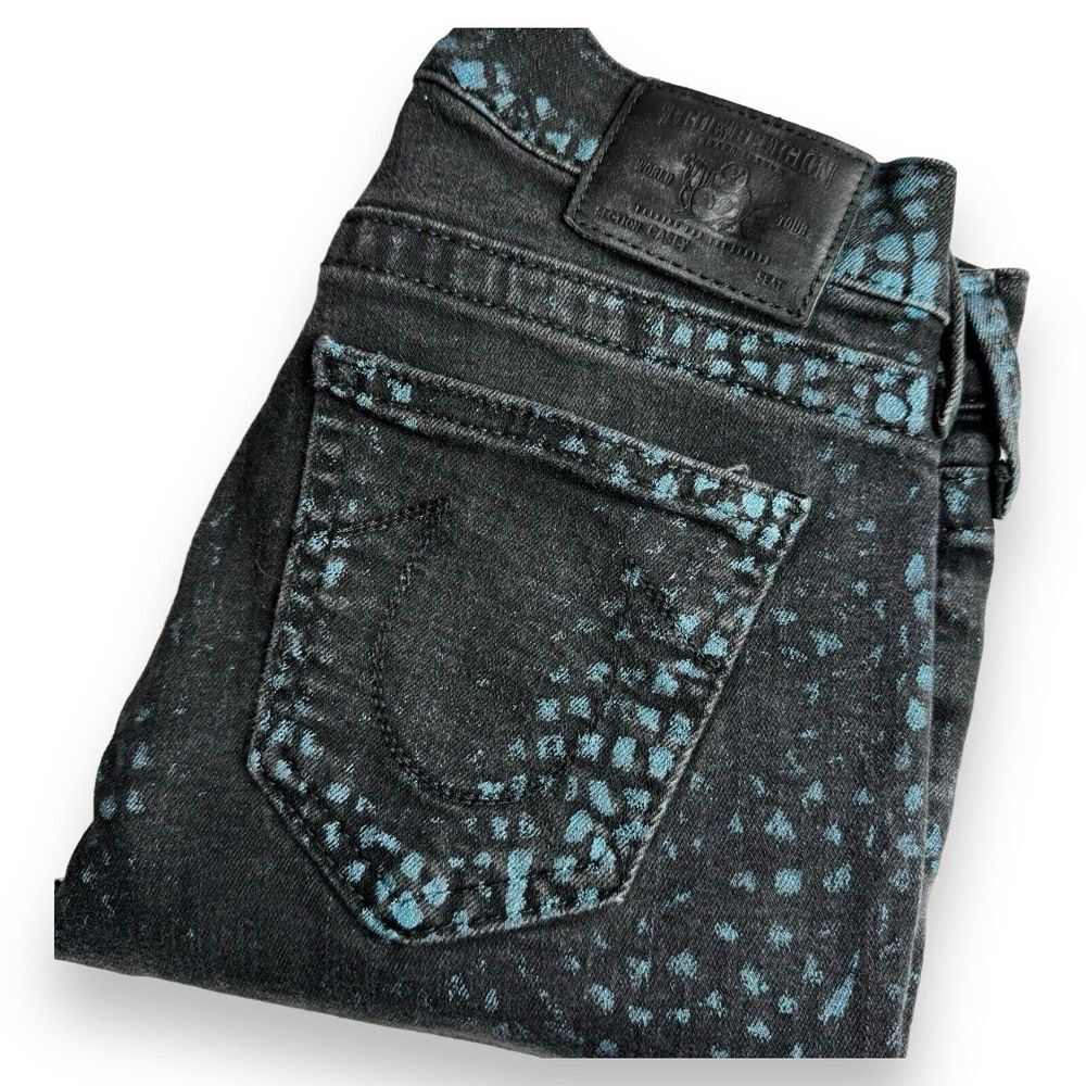 True Religion Casey Jeans Sz 25 Black & Blue Snakeskin Skinny‎ Stretch
